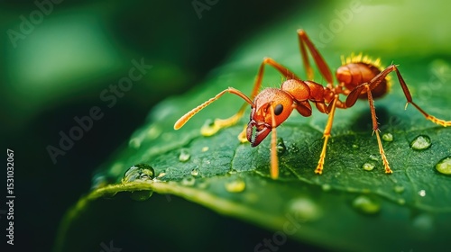 Wallpaper Mural Close-up of a red ant navigating a glossy green leaf surface with visible water droplets and natural lighting. Torontodigital.ca