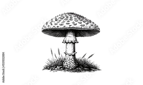 Vintage Parasol Mushroom Engraving, vector illustration, botanical fungi art, forest mushrooms print, mushroom drawing, rustic nature artwork, antique sketch, herbal plant png.