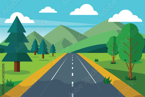 2D Roadside View Vector Illustration Clean Landscape Simple Trees Clean Vector