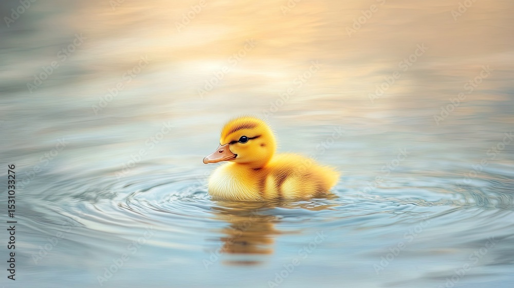 Cute yellow duckling swimming peacefully across a calm lake surface with gentle ripples under soft morning light. Cute yellow duckling swimming peacefully across a calm lake surface with gentle ripples under soft morning light.