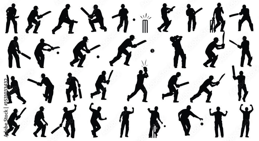 Cricket Players Black Silhouettes Collection Set Vector Sport Design Illustration Clip-art Concept Elements Cricket Players Black Silhouettes Collection Set Vector Sport Design Illustration Clip-art Concept Elements