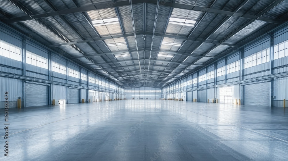 Daytime image of expansive aluminium warehouse facilities with clean-lined metal roofs and minimalistic design. Daytime image of expansive aluminium warehouse facilities with clean-lined metal roofs and minimalistic design.