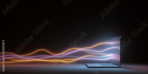 Open laptop with flowing neon light waves on dark background
