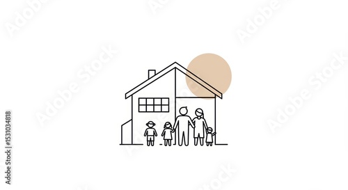 Minimalist Family Home: Line Art with Circle Accent, Simple Living Concept.