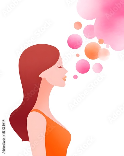 A minimalist illustration of a woman with long red hair exhaling colorful pink and orange bubbles against a white background.