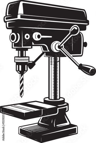 Vintage black and white illustration of a drill press machine.