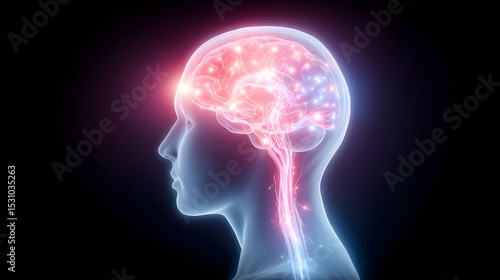 Wallpaper Mural A glowing digital illustration of a human head highlighting the brain and nervous system in vibrant colors, symbolizing neural activity and brain function. Torontodigital.ca