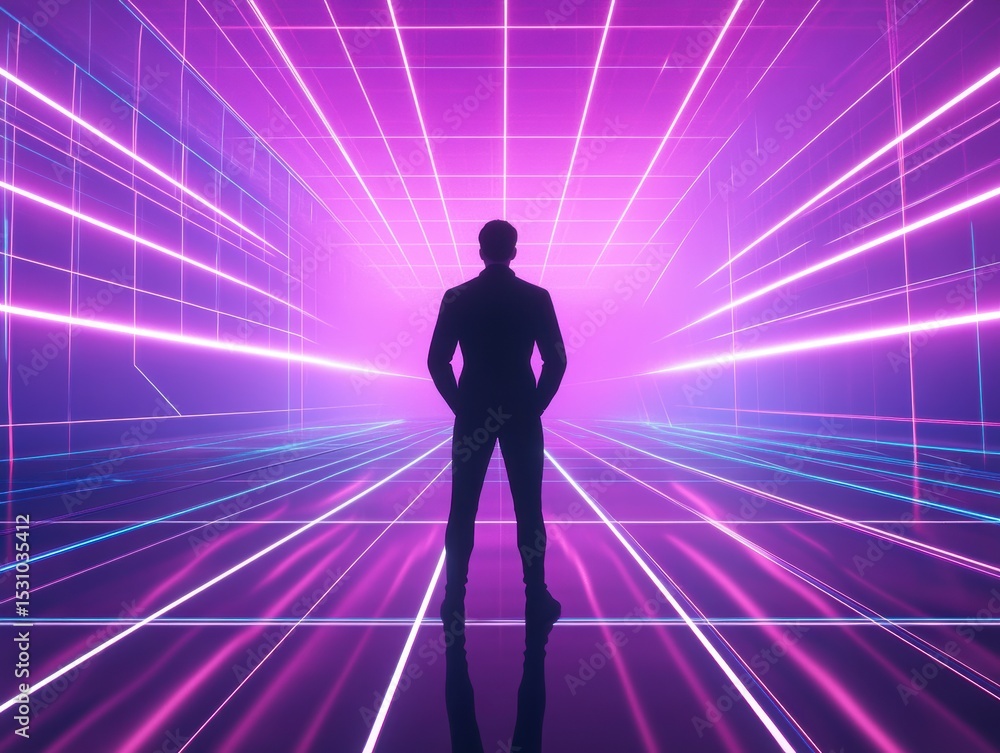 Silhouetted businessman stands confidently within a vibrant, futuristic neon corridor. Silhouetted businessman stands confidently within a vibrant, futuristic neon corridor.