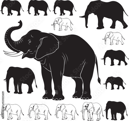 Elephant Silhouettes – Solid Black & Outline Vector Set