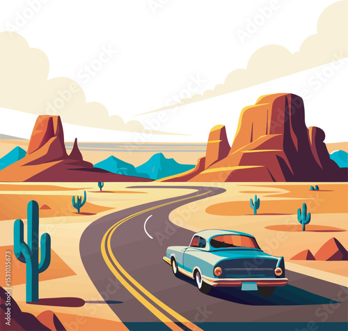 Illustrations depicting vintage cars driving on winding desert roads amidst striking rock formations and cacti, rendered in a flat, stylized aesthetic