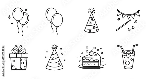 Cute Line Art Party Icons Balloons, Cake, Gifts & More!