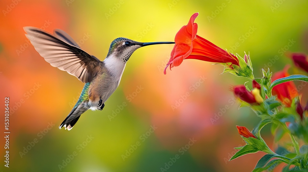 Fototapeta premium Hummingbird flying beside a red trumpet-shaped flower, its beak reaching toward the nectar, with a blurred garden backdrop.