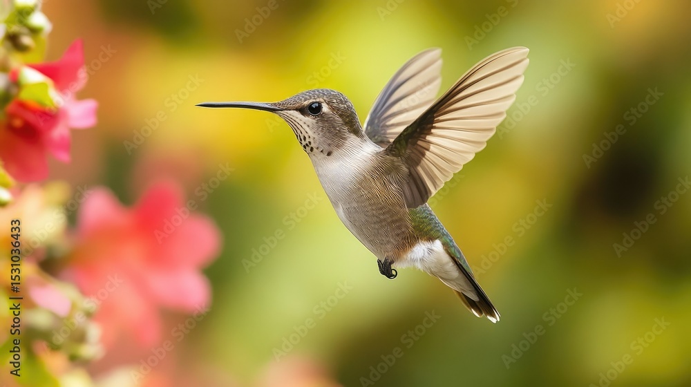 Hummingbird suspended mid-air close to a flower's center, delicate wings beating fast against a blurred natural background. Hummingbird suspended mid-air close to a flower's center, delicate wings beating fast against a blurred natural background.