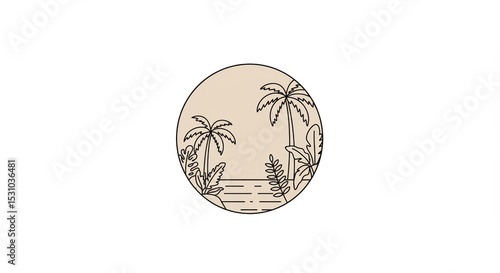 Tropical Coastline: Minimalist Palm Trees & Water in Circle.