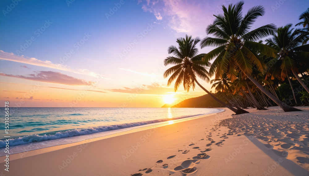 Fototapeta premium Vibrant pastel tropical sunset with palm silhouettes against a painted sky creating a serene and calm mood