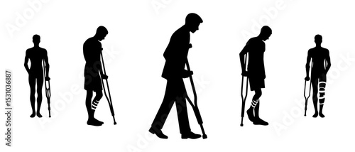 Male Physically Disabled Patient With Crutcher Silhouette Black Filled - Vector Illustration Icon.