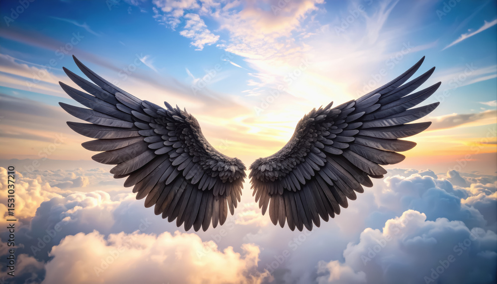 Obraz premium Delicate pastel angel wings spread wide in the sky creating an ethereal glow with a serene and soft diffused atmosphere