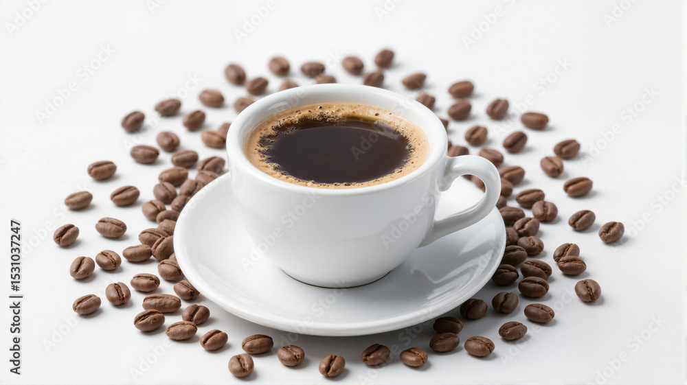 Fototapeta premium A white cup of coffee with roasted beans around