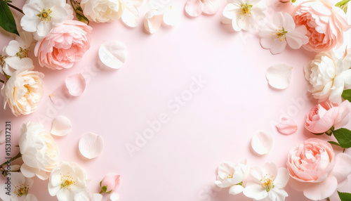 Pastel pink background adorned with white and pink flowers creating a soft and dreamy floral scene