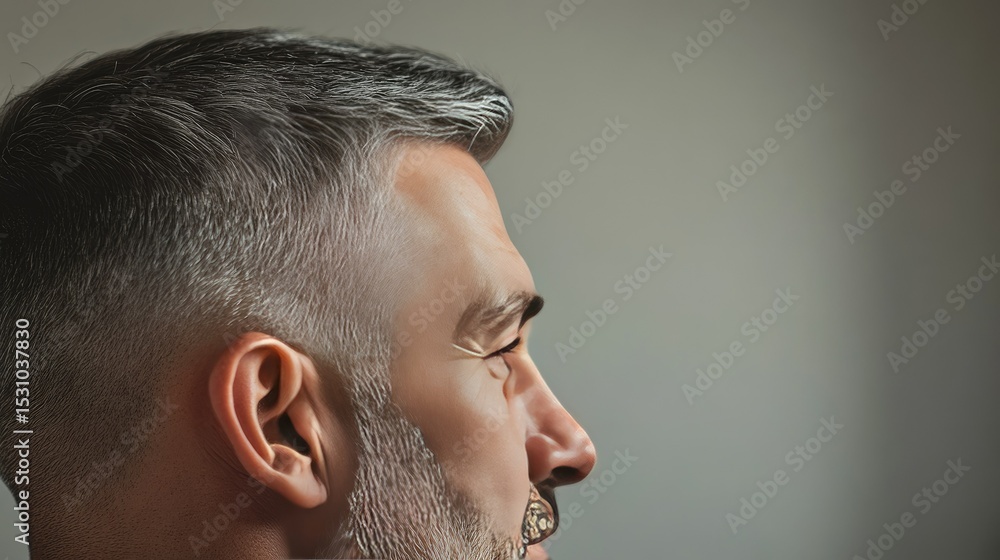 Fototapeta premium Mature man's head with neatly cut salt-and-pepper hair, captured in profile with sharp focus.