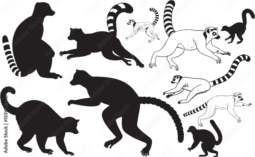 Naklejka premium Lemur Silhouettes – Solid Black & Outline Vector Set