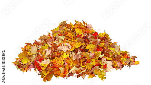 Pile of autumn colored leaves isolated on transparent background. Colorful foliage of maple leaves in the fall season. 3D illustration