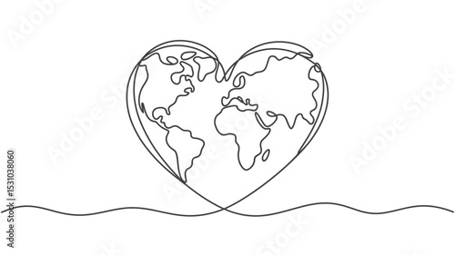 One Line Drawing of Heart Shaped World Map on White Background