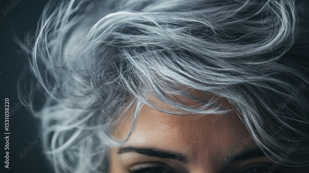 Fototapeta premium Messy gray hair on top of a head, giving a natural, unstyled look that emphasizes authenticity.