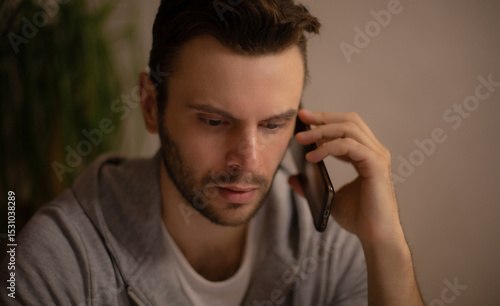 Young man in casual hoodie having a serious phone conversation indoors, focused and concerned, in a dimly lit home setting with warm tones and a blurred plant in the background.