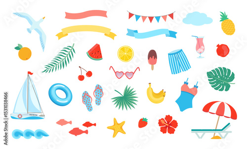 Summer beach clipart set. Sea vacation vector illustration. Ribbon frame, cute holiday signs collection watercolor like flat design. Tropical resort coastal vibe theme. Bright decorative symbols.