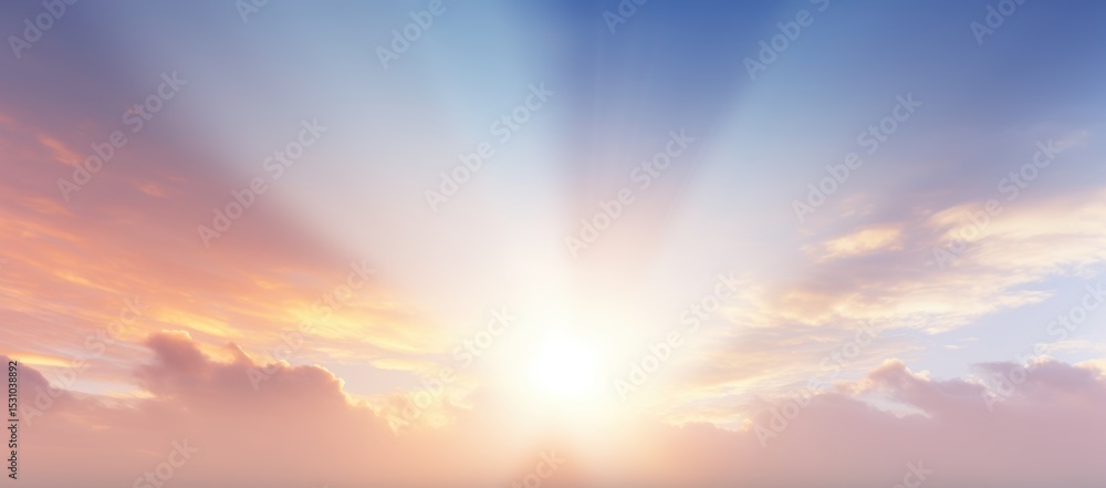 Fototapeta premium Serene sunset sky with radiant sunbeams breaking through pastel clouds.