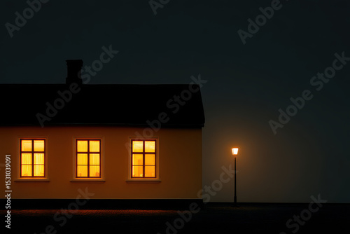 serene night scene featuring illuminated of old house casting warm glow