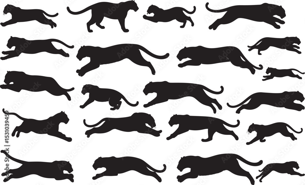 Fototapeta premium Panther Silhouettes – Solid Black & Outline Vector Set