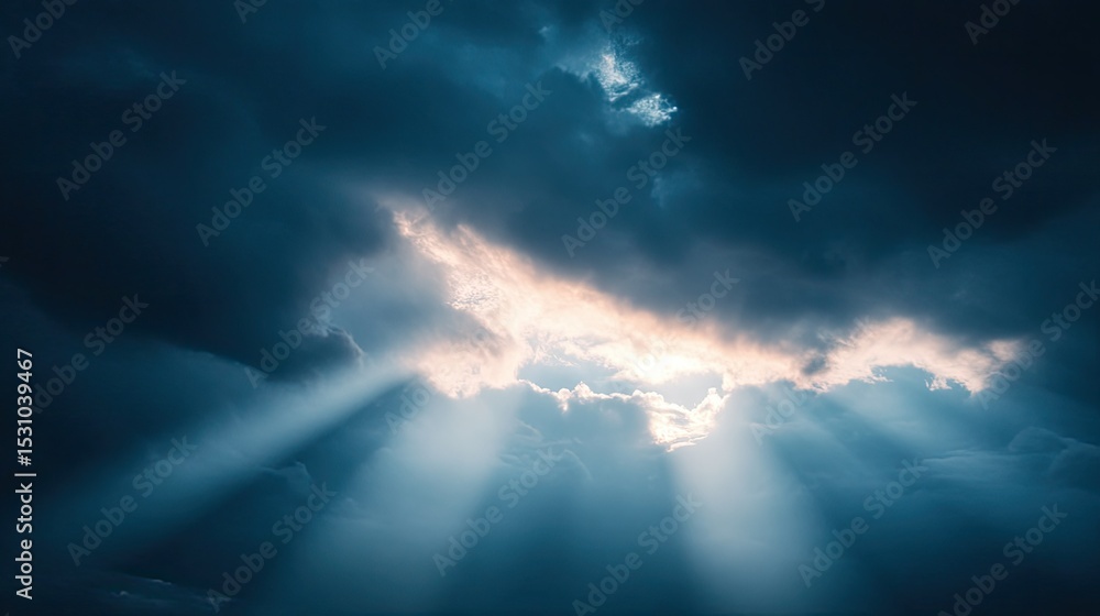 Fototapeta premium Moody sky with dynamic spotlights crossing beams, creating dramatic light patterns against the twilight.