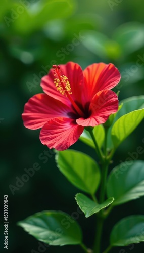 Wallpaper Mural Single red hibiscus, lush green foliage background, elegant, exotic Torontodigital.ca