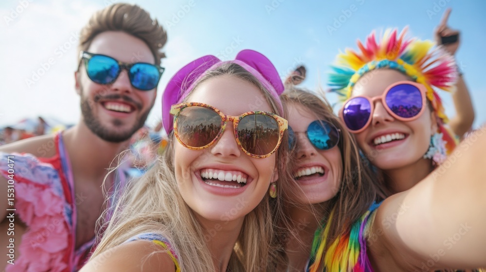 Friends taking selfies together at a colorful music festival. Friends taking selfies together at a colorful music festival.