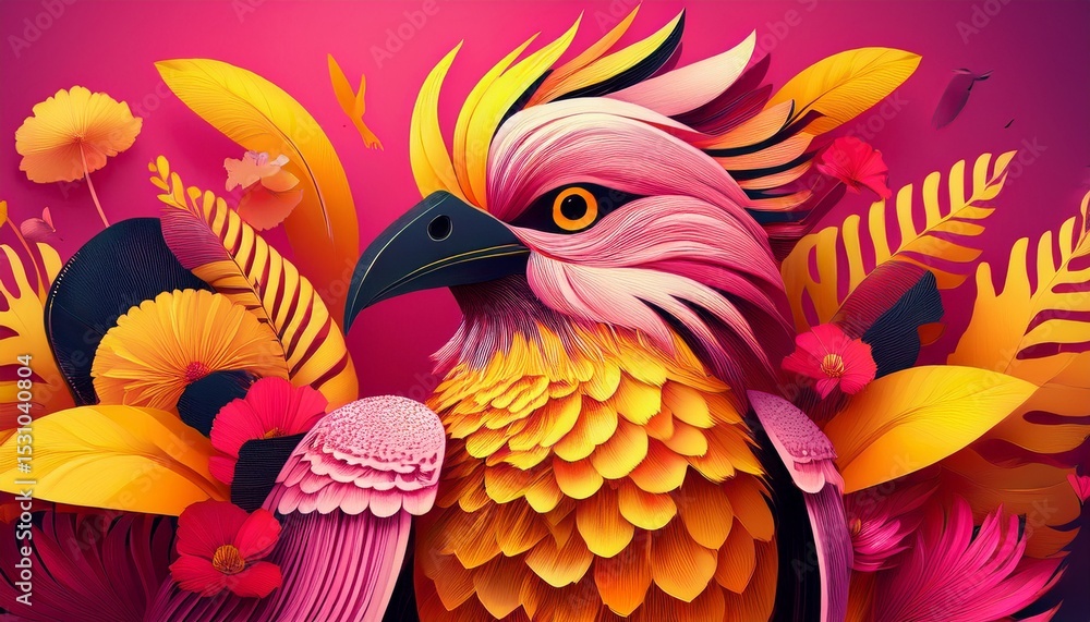 Naklejka premium typographic layouts featuring large birds and bold letter forms in vibrant pink and yellow contrasts for system launch and editorial display