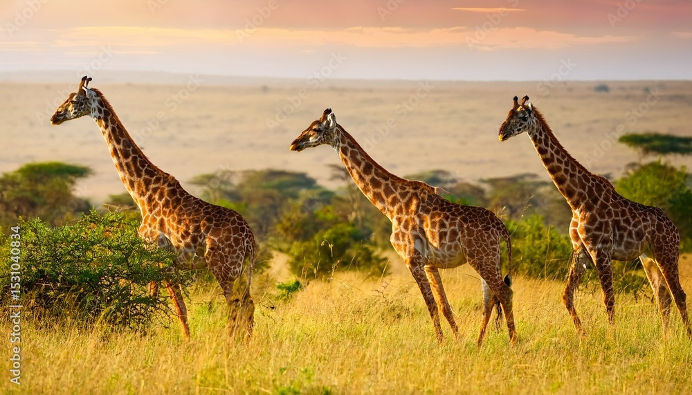 Obraz premium two masai giraffes giraffa tippelskirchi walking side by side in the african savanna with lush green vegetation in the background captured in golden light at masai mara national reserve kenya