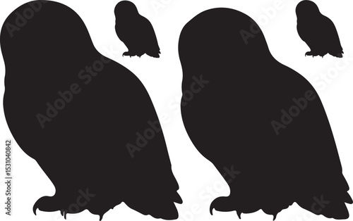 Snowy Owl Silhouettes – Solid Black & Outline Vector Set