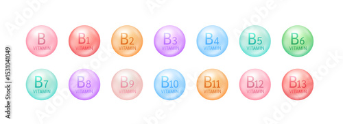 Collection vitamins B complex ball isolated on white background. For dietary supplement pharmacy ads package design. Science medic concept. 3D vector.