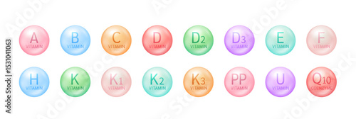 Collection vitamins complex ball isolated on white background. For dietary supplement pharmacy ads package design. Science medic concept. 3D vector.