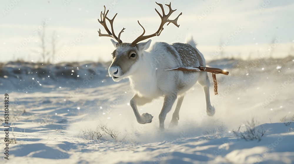 Obraz premium Running Reindeer in Winter Snowscape with Harness and Golden Sunlight
