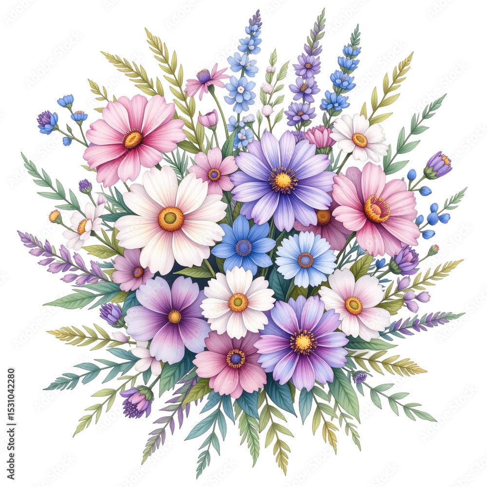 Obraz premium Vibrant floral bouquet arrangement nature digital artwork bright color palette aesthetic design botanical inspiration