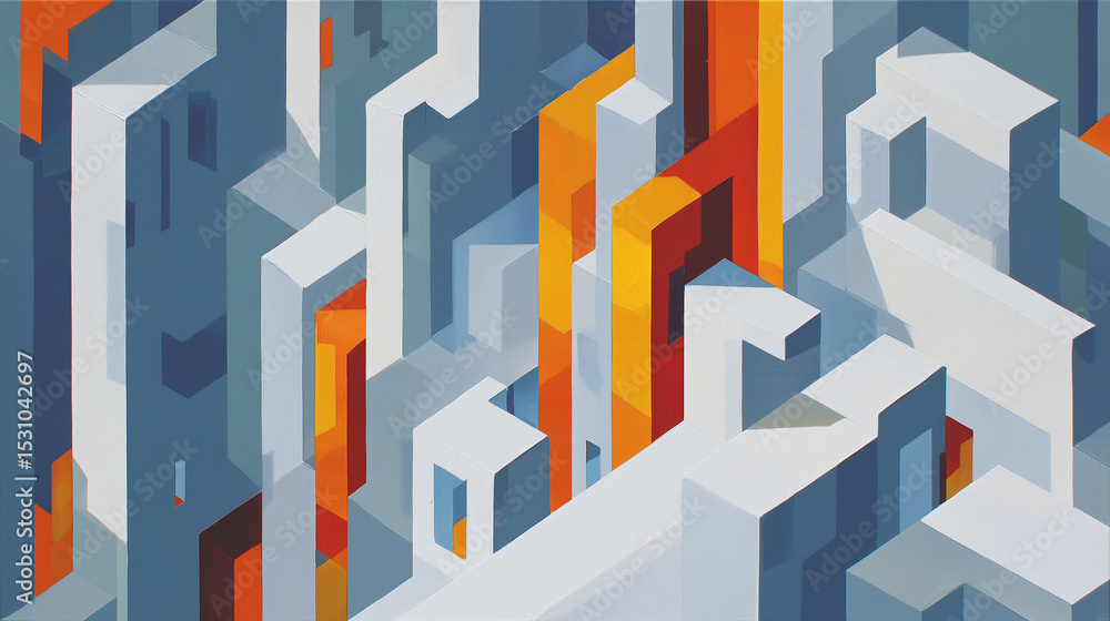 An abstract geometric composition features a futuristic city-like landscape composed of sharp-edged blocks and towering forms in shades of blue, grey, and striking burnt orange. The design creates a An abstract geometric composition features a futuristic city-like landscape composed of sharp-edged blocks and towering forms in shades of blue, grey, and striking burnt orange. The design creates a