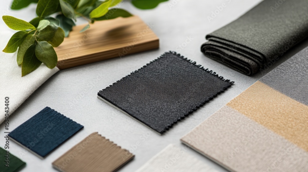 Fototapeta premium Moodboard with fabric swatches, paint samples, and cement tiles for modern interior design in neutral tones.