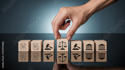 Close-Up of a Hand Selecting a Wooden Legal Symbol Cube from a Row on a Reflective Surface with Government Icons