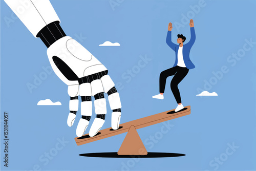 Vector cartoon illustration of man and robot on seesaw isolated on transparent background