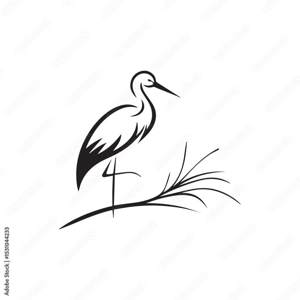 Fototapeta premium minimalist crane perched on a brach with one stoke design