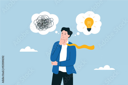 Vector cartoon illustration of a man choosing between a tangled mess and a lightbulb idea isolated on transparent background