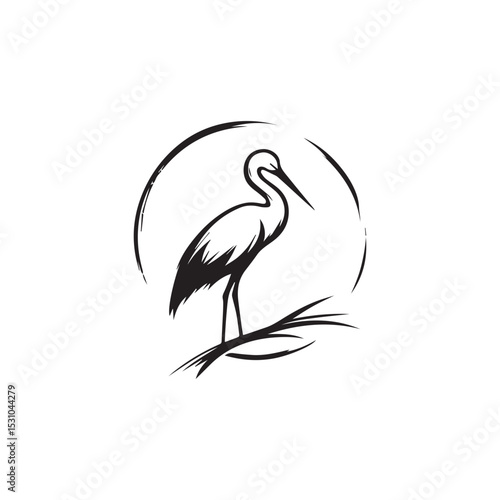 minimalist crane perched on a brach with one stoke design